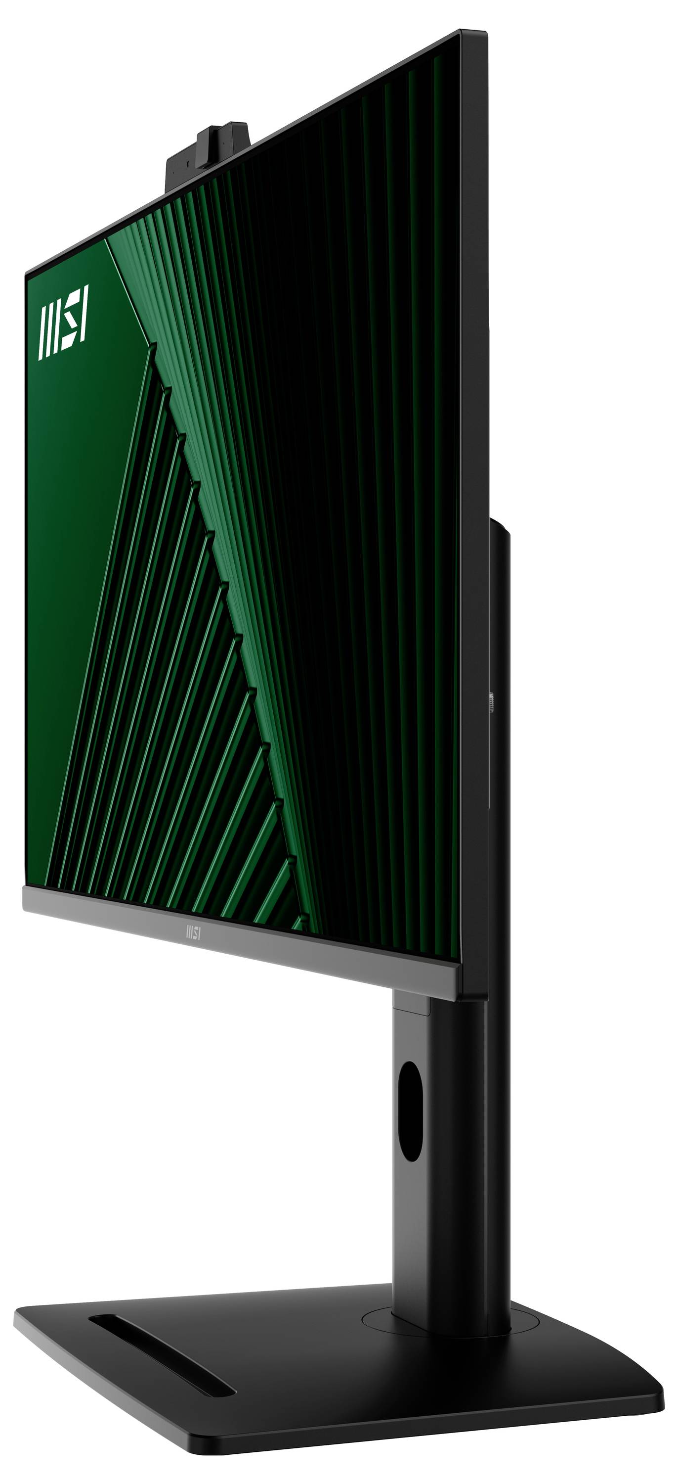 Boční pohled na moderní černý počítačový monitor na stojanu, vyznačující se elegantním, tenkým designem a zeleným geometrickým vzorem na obrazovce.