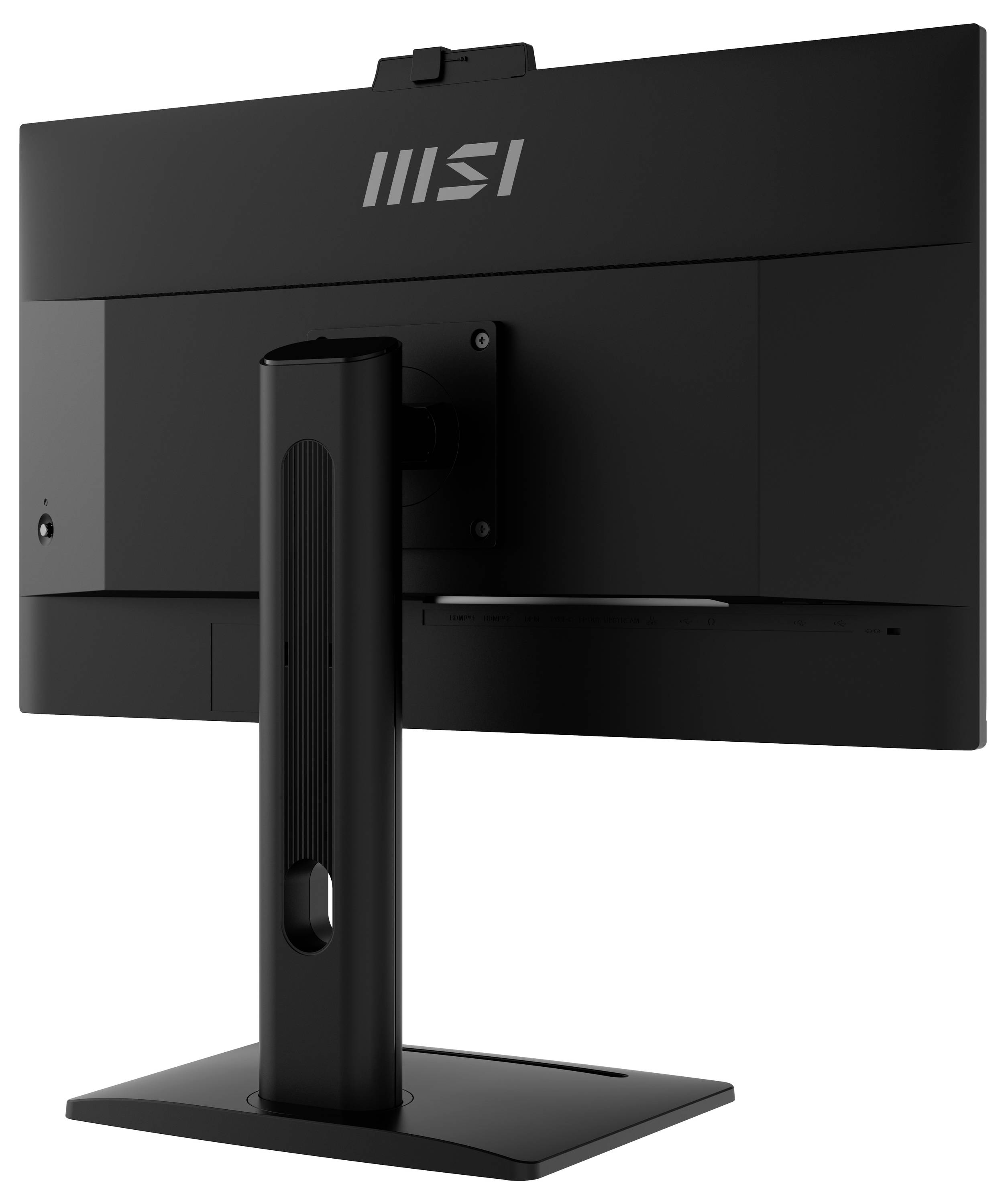 Zadní pohled na černý monitor MSI umístěný na stojanu, zobrazující logo značky, větrací otvory a konektory.