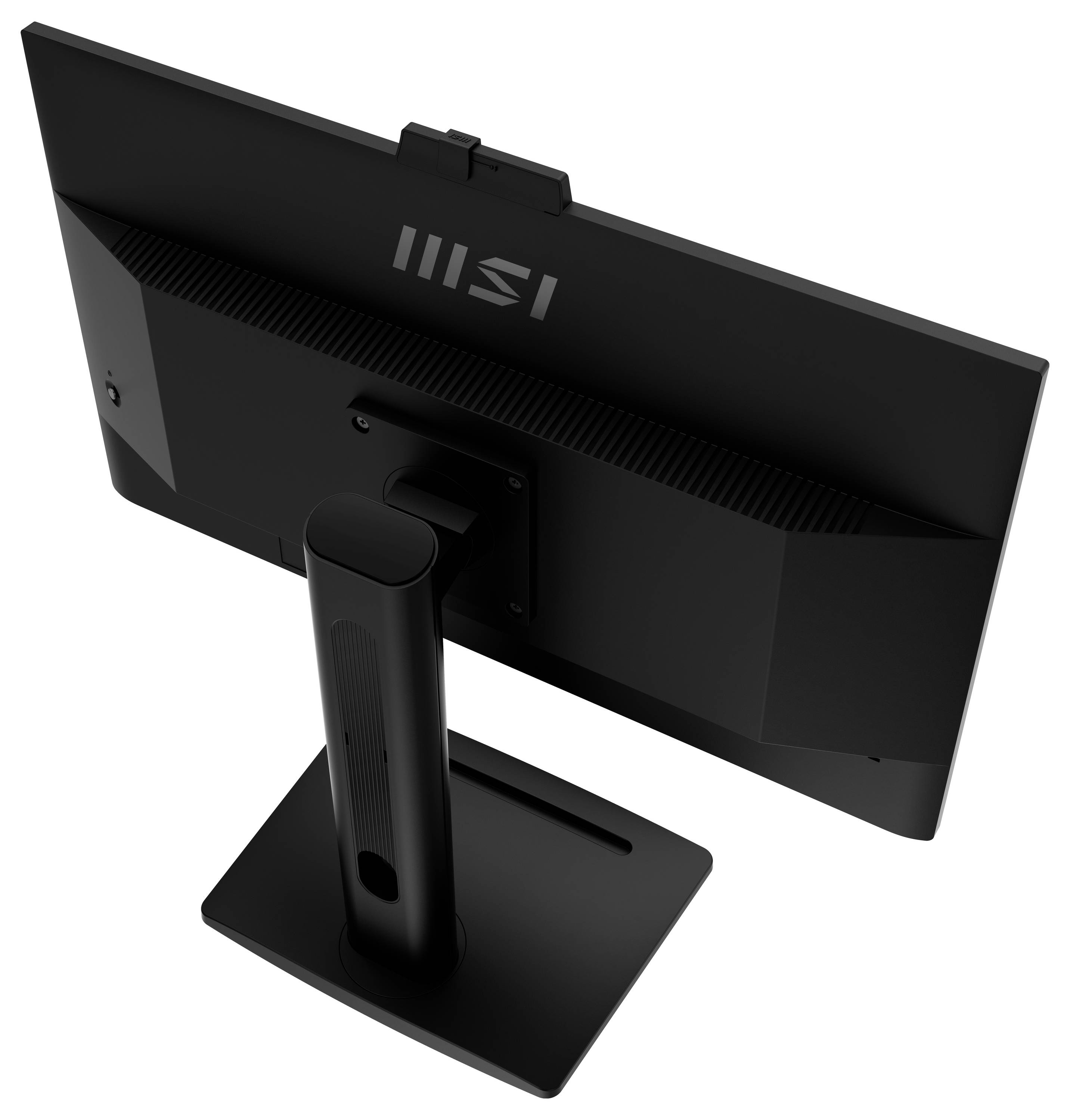 Černý počítačový monitor pohledem zezadu, upevněný na stabilním stojanu s obdélníkovým podstavcem. Na zadní straně je viditelné logo značky.