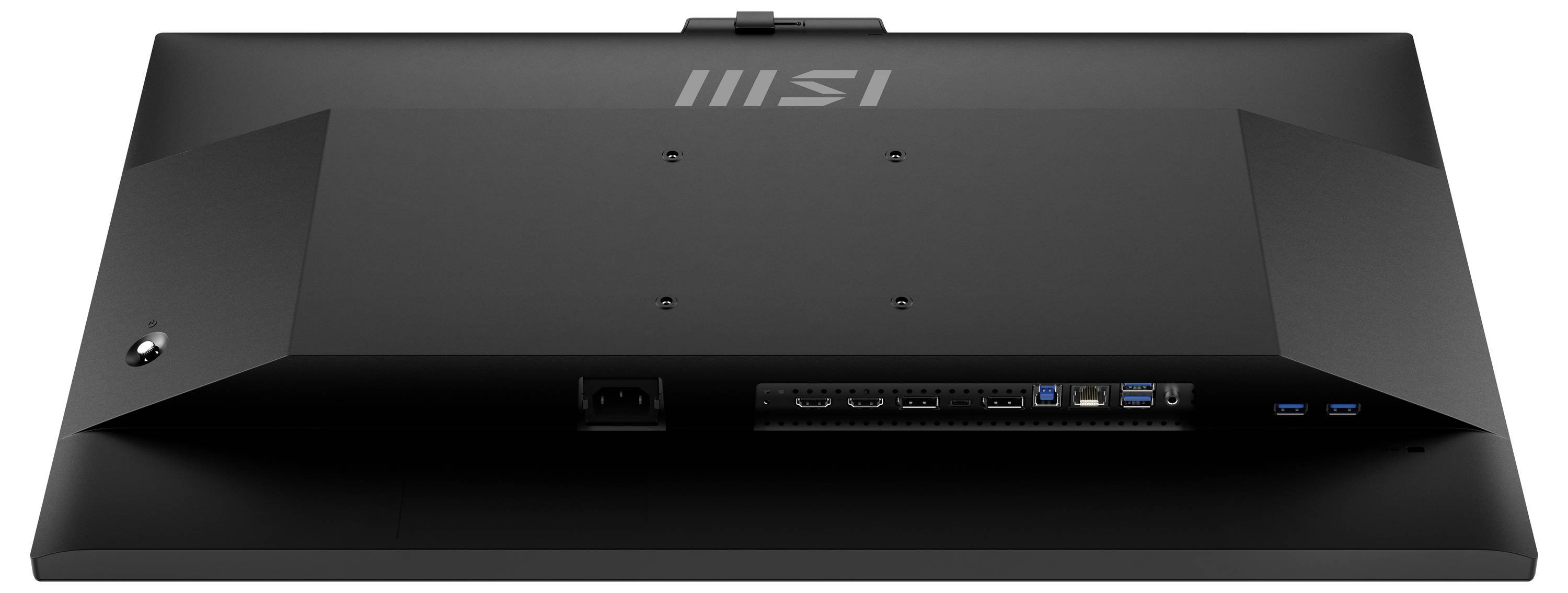Zadní pohled na černý monitor MSI zobrazující různé porty, včetně HDMI, DisplayPort, USB a audio jacků.