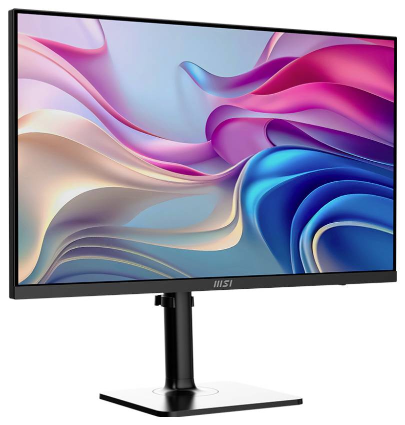 Monitor s barevným abstraktním designem zobrazeným na obrazovce, který zobrazuje tekoucí spirály v růžových, modrých a krémových tónech.