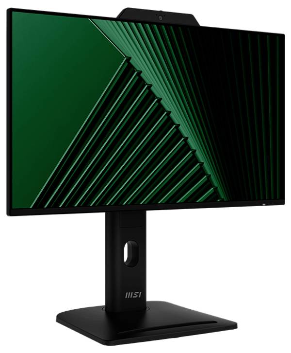 Černý počítačový monitor s geometrickým zeleným designem na obrazovce, umístěný na čtvercovém podstavci označeném 'MSI'.
