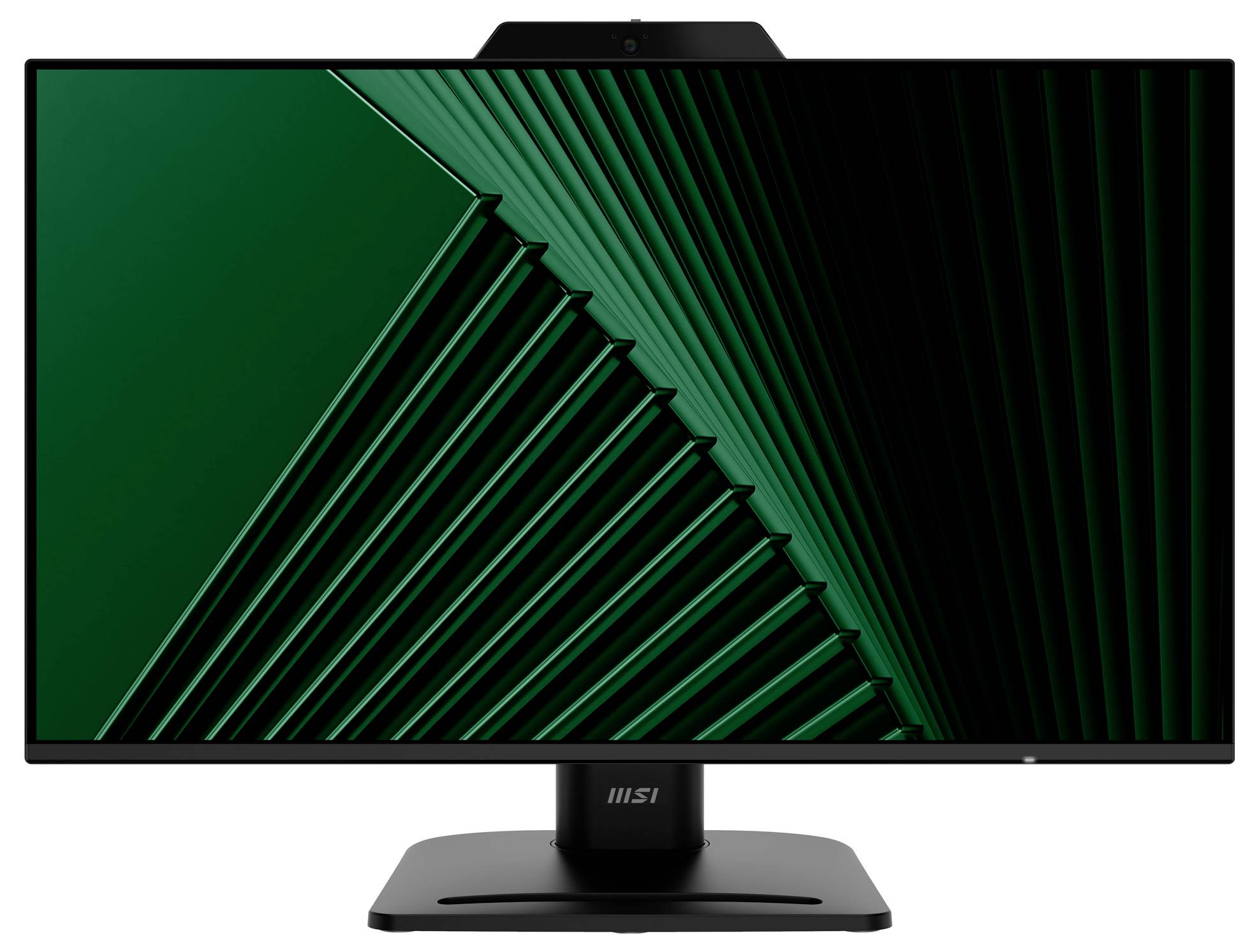 Monitor počítače s černým stojanem zobrazuje geometrický zelený a černý abstraktní vzor na obrazovce.