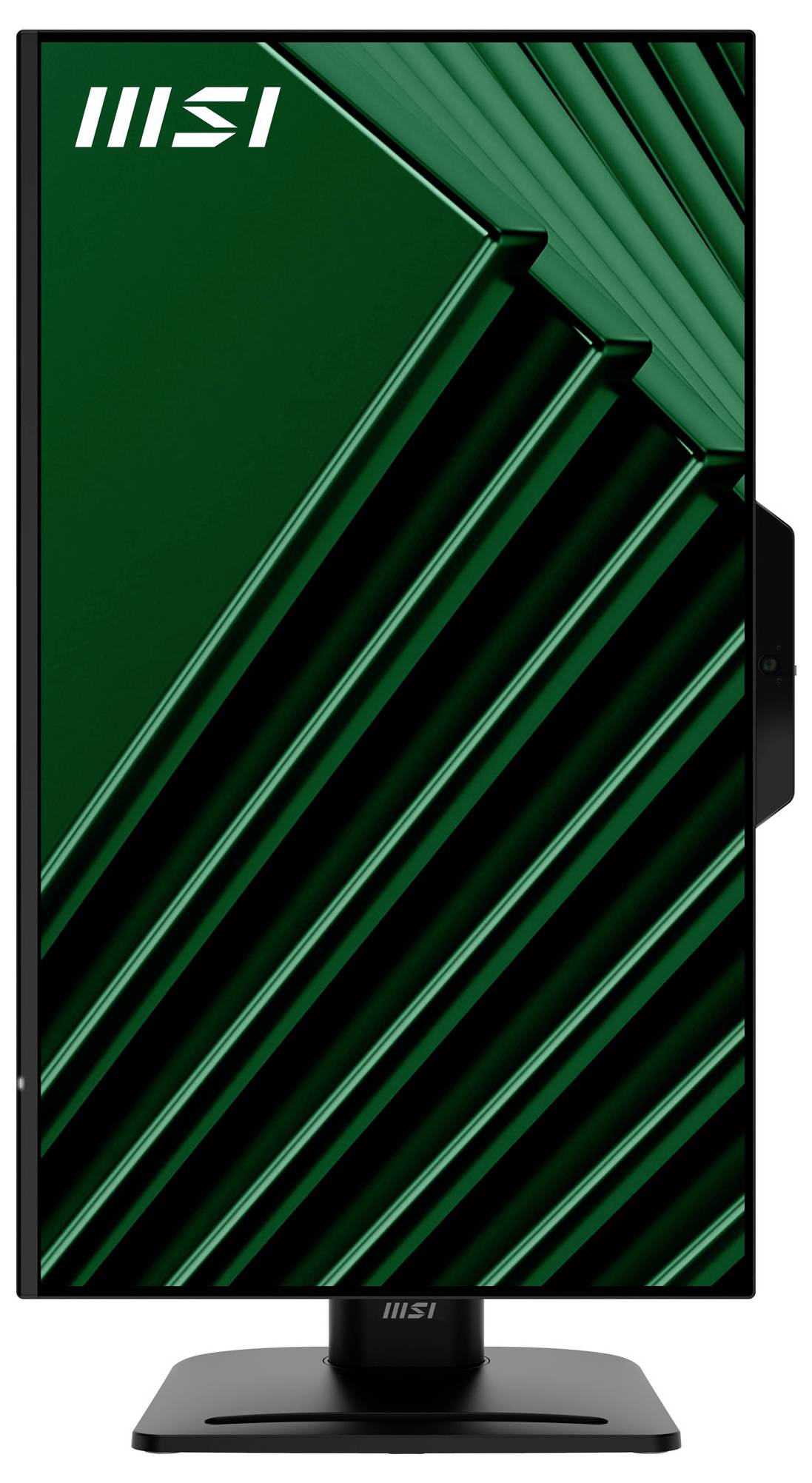 Monitor MSI s elegantním vertikálním designem a geometrickými zelenými vzory na obrazovce.