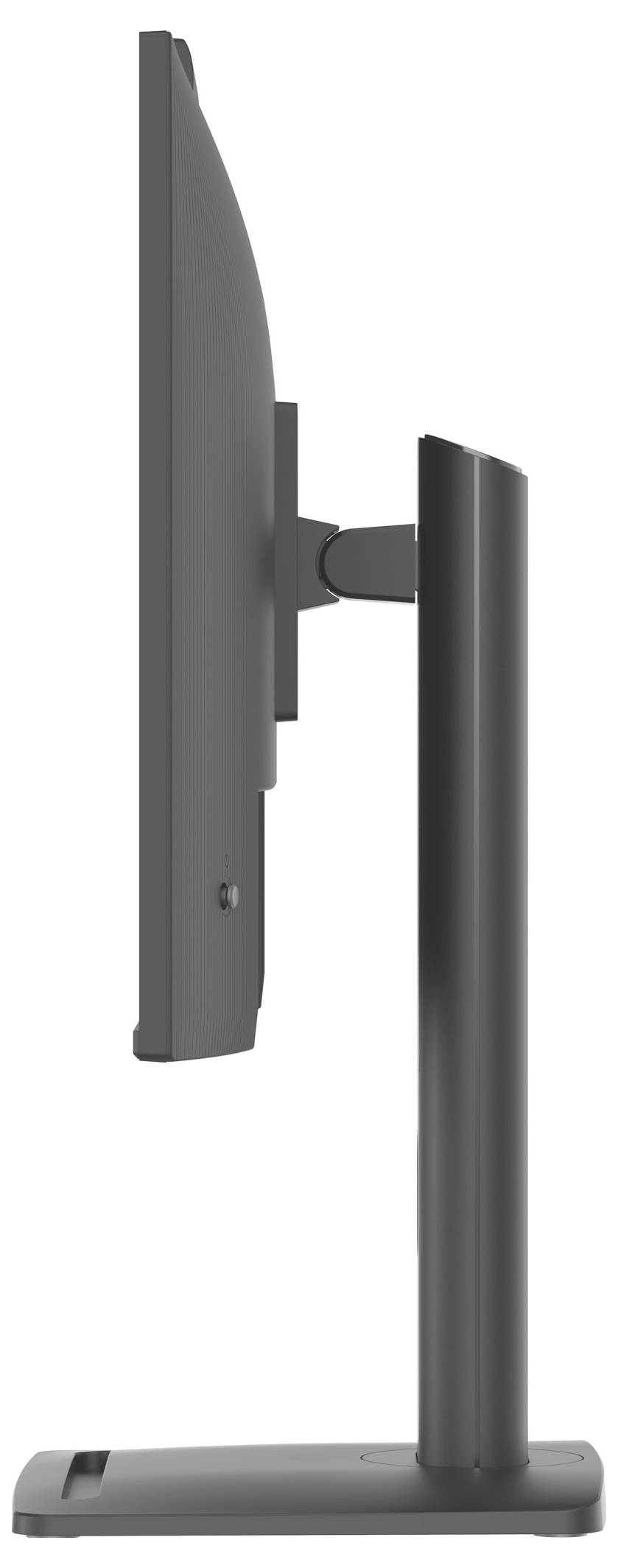 Boční pohled na elegantní černý počítačový monitor na nastavitelném stojanu, který ukazuje jeho tenký profil a moderní design.