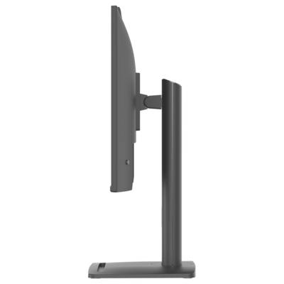 Boční pohled na elegantní černý počítačový monitor na nastavitelném stojanu, který ukazuje jeho tenký profil a moderní design.