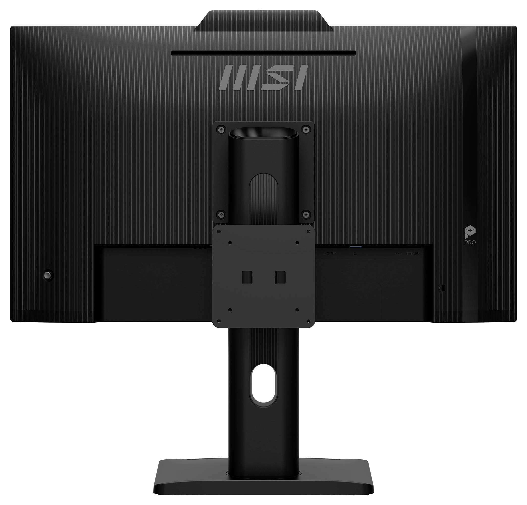 Pohled zezadu na černý monitor MSI umístěný na stojanu, zobrazující zadní panel a montážní konzoli.