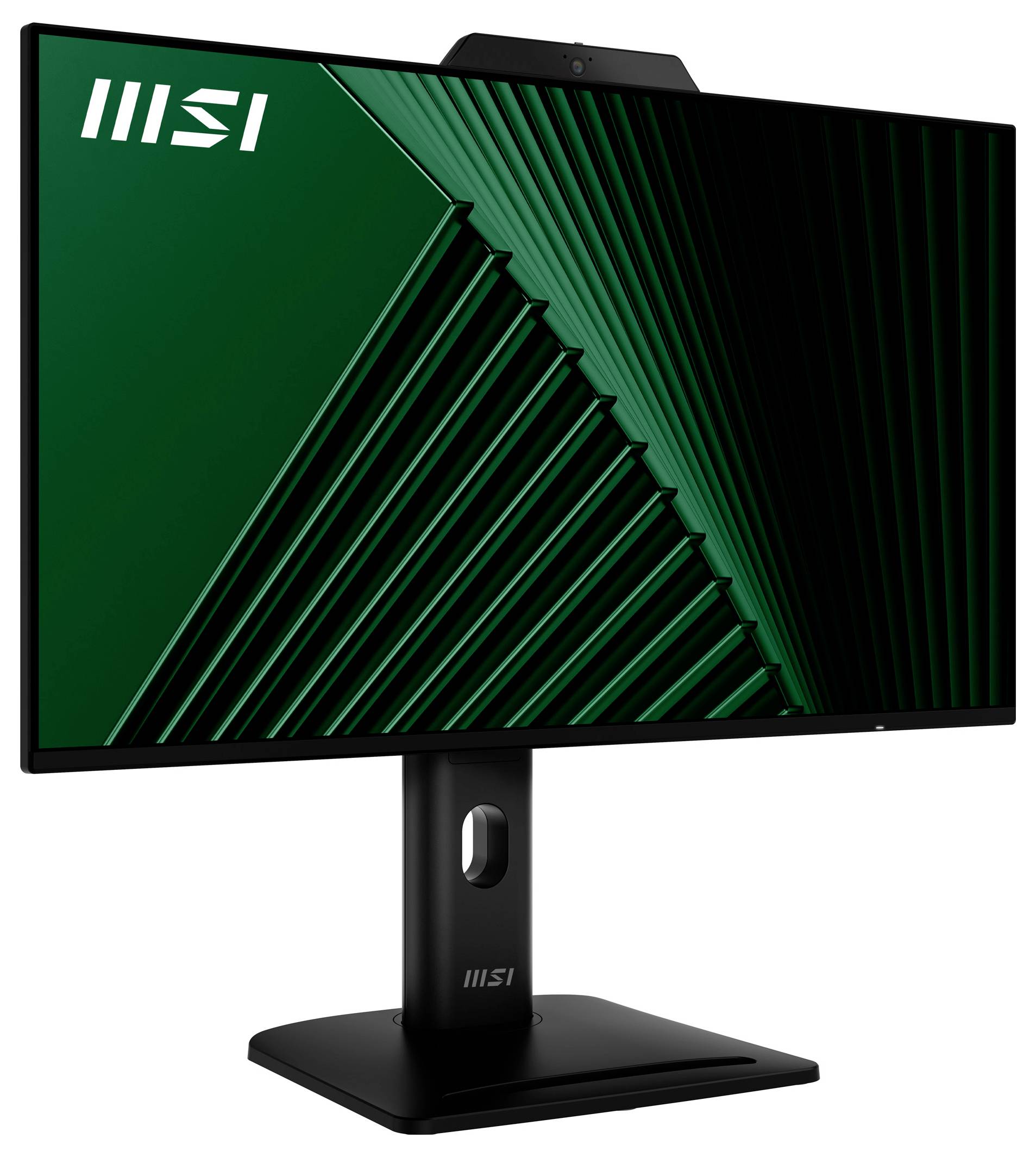 Elegantní monitor MSI s velkým displejem zdobeným geometrickým vzorem v tmavě zelené a černé barvě, umístěný na černém stojanu, vyzařuje moderní estetiku.
