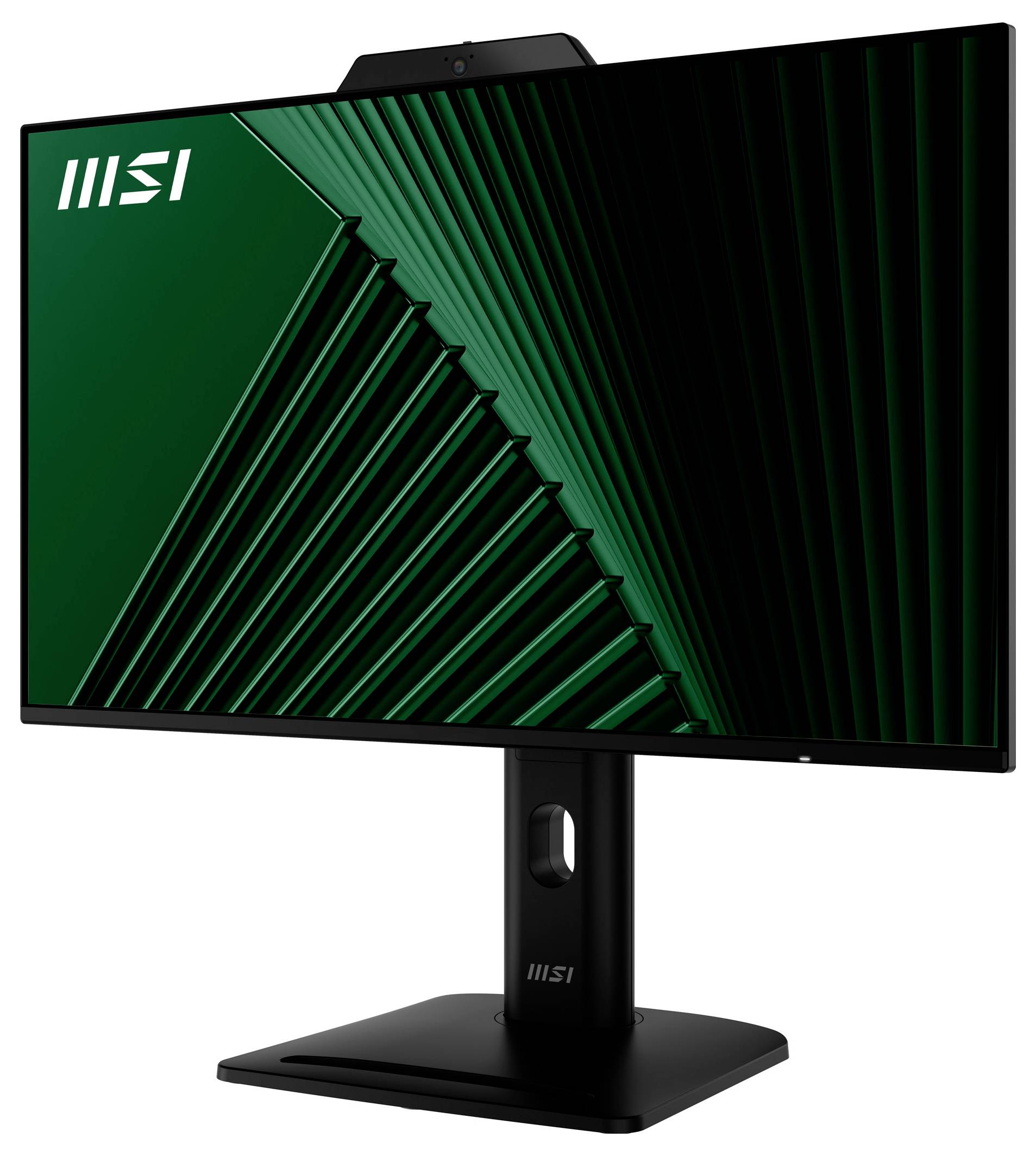 Elegantní počítačový monitor MSI s tenkým černým rámečkem a obrazem zelených abstraktních čar na obrazovce, umístěný na nastavitelném černém stojanu.