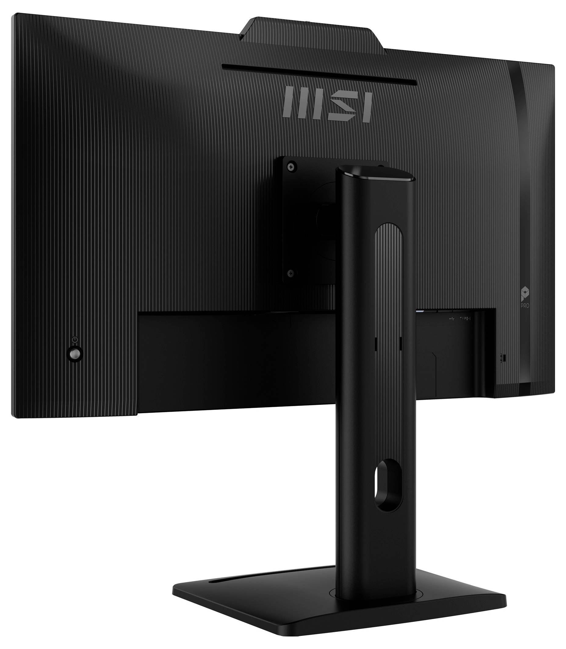 Černý počítačový monitor MSI zobrazený zezadu, s vertikálním stojanem s obdélníkovým podstavcem a žebrovanou texturou na zadním panelu.