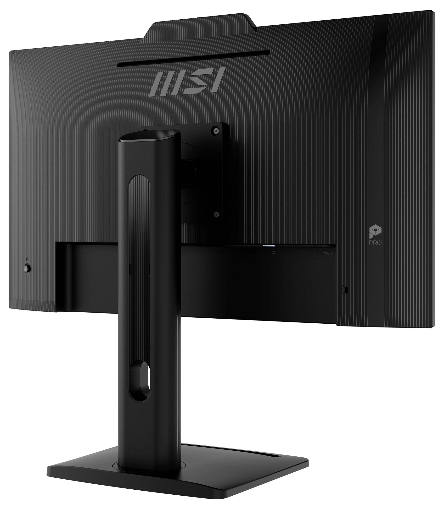 Obrázek ukazuje zadní stranu monitoru MSI s robustním vertikálním stojanem, který má strukturovaný povrch a viditelné firemní logo.