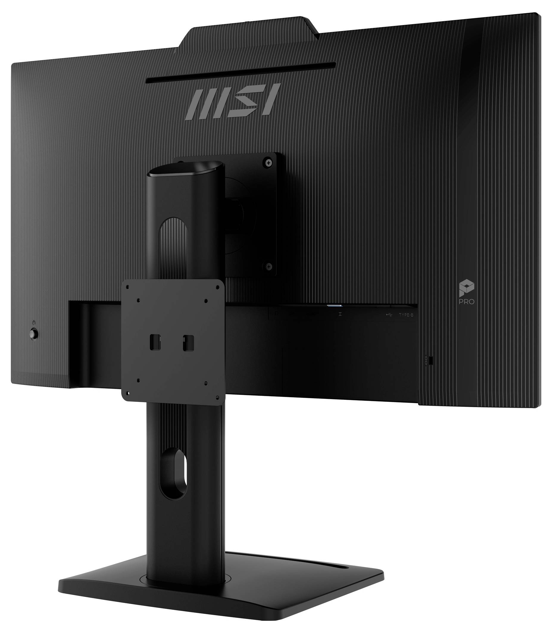 Černý počítačový monitor viděný zezadu, nasazený na nastavitelném stojanu. Logo MSI je viditelné v horní centrální části monitoru.