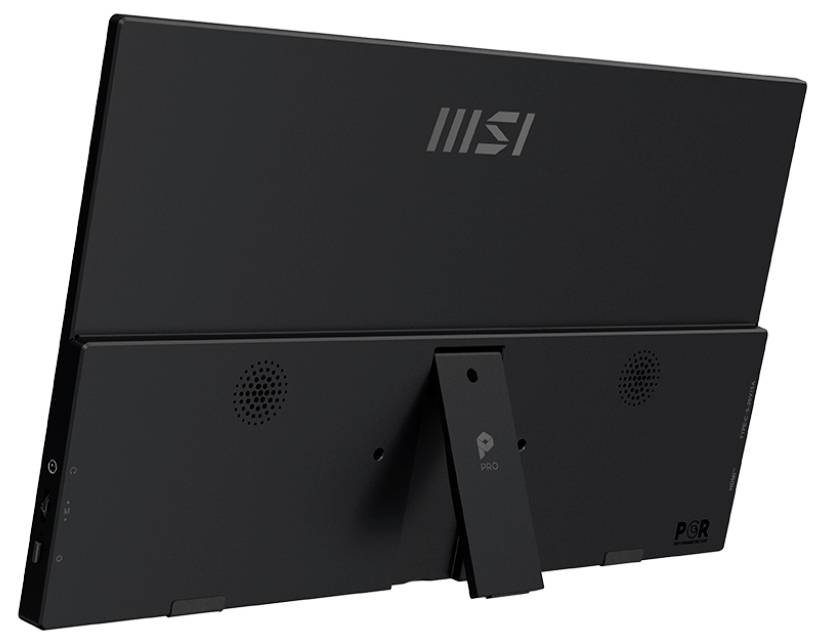 Počítačový monitor s elegantním černým designem, logem MSI uprostřed horní hrany, stabilním stojanem označeným 'PRO' a vestavěnými reproduktory.
