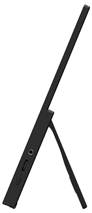 Tenký černý monitor z pohledu z boku se zabudovaným stojanem, zobrazující porty a tlačítka, zvýrazňující jeho štíhlý design a praktičnost pro použití na stole.