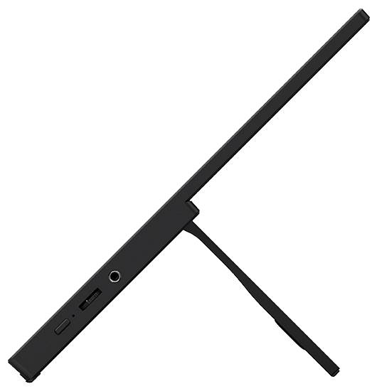 Boční pohled na štíhlý černý tablet s vysunutým vestavěným stojánkem. Viditelné funkce: USB-C port, sluchátkový jack a slot na SD kartu.