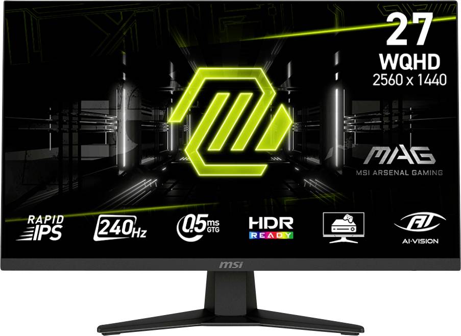 Herní monitor MSI: 27palcový displej, WQHD 2560x1440 rozlišení, 240Hz obnovovací frekvence, 0,5ms reakční doba, HDR připraven, Rapid IPS technologie.