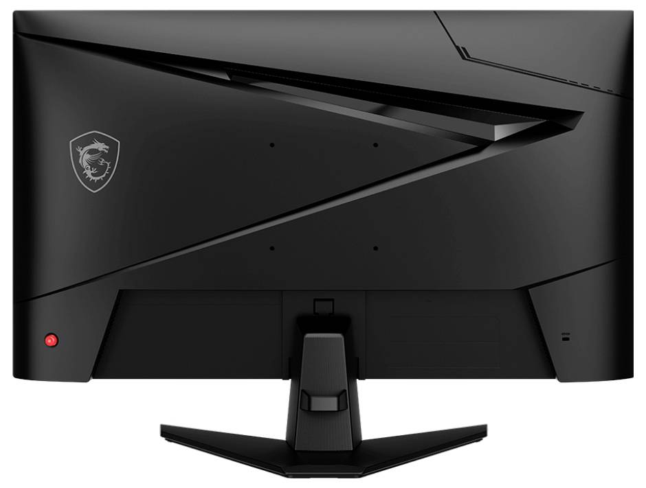 Černý počítačový monitor s elegantním, hranatým designem a logem v levém horním rohu, pohled zezadu.