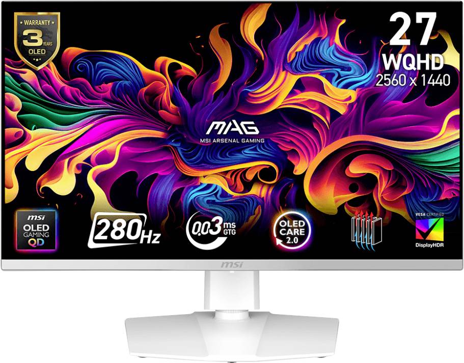 Herní monitor zobrazující živé abstraktní grafiky; funkce zahrnují '27" WQHD 2560 x 1440', '280Hz' a '0,03ms GTG'.