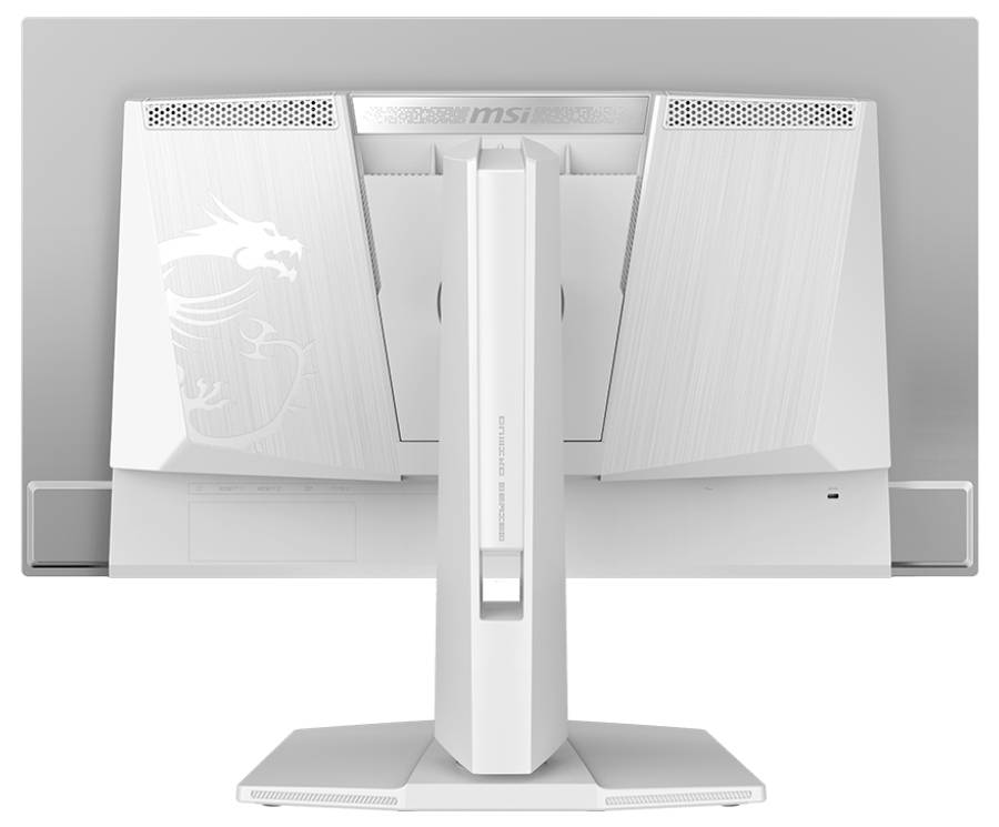 Pohled zezadu na bílý počítačový monitor s logem draka, s viditelnými ventilačními panely a centrálním stojanem.