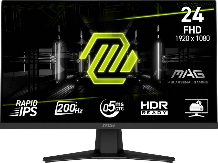 24palcový herní monitor MSI s funkcemi jako je rozlišení FHD 1920x1080, obnovovací frekvence 200 Hz, reakční doba 0,5 ms, podpora HDR a technologie Rapid IPS.