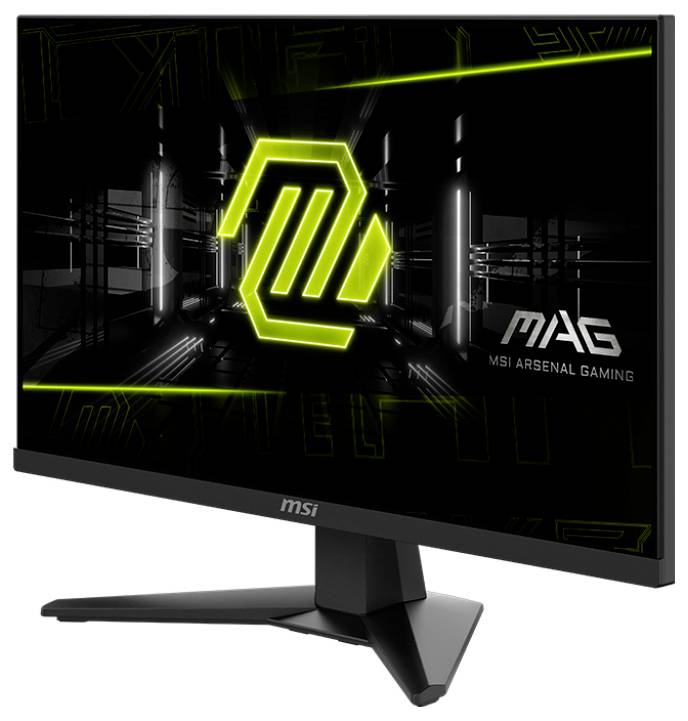 Herní monitor zobrazující logo 'MAG MSI Arsenal Gaming' s futuristickými zelenočernými designovými prvky na obrazovce.