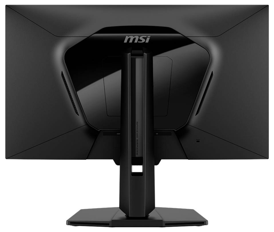 Zadní pohled na černý počítačový monitor MSI se širší základnou a nastavitelným stojanem.
