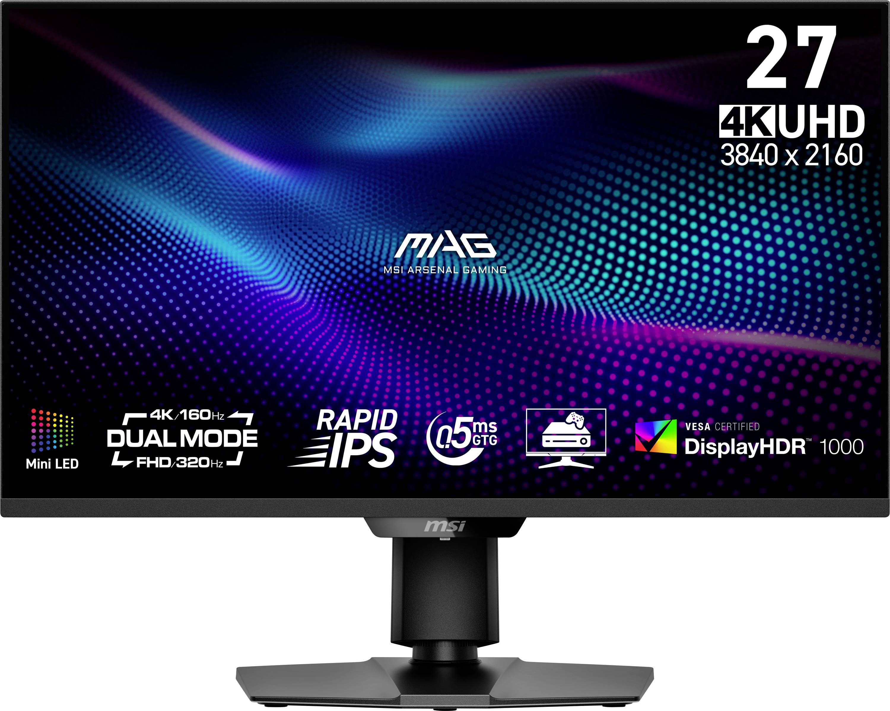 Herní monitor zobrazující barevnou grafiku, s úhlopříčkou 27", 4K UHD rozlišením 3840 x 2160, technologií Rapid IPS a DisplayHDR 1000 s různými technickými specifikacemi.