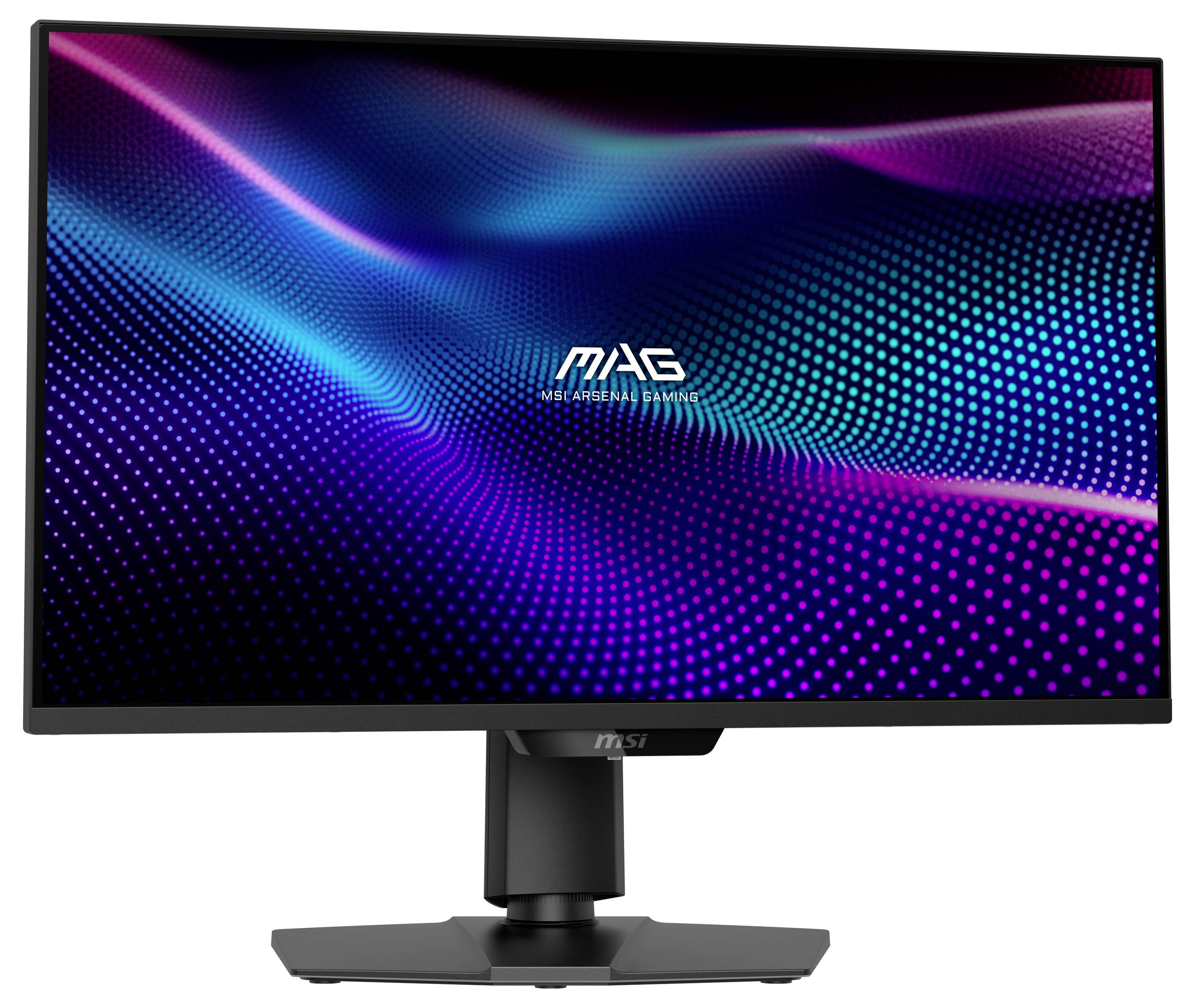 Počítačový monitor zobrazující barevný vlnitý vzor s textem 'MAG' a 'MEG ARISEA GAMING' na obrazovce.