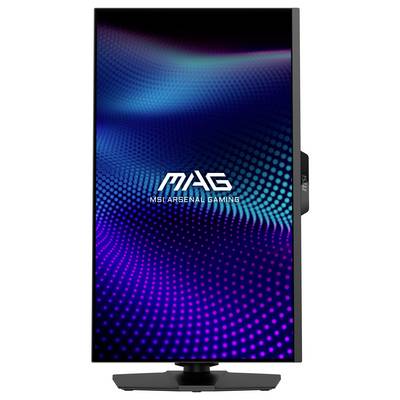 Monitor počítače ve svislé orientaci zobrazující dynamický abstraktní vzor modrých a fialových teček. Text 'MAG MSI Arsenal Gaming' je umístěn uprostřed.