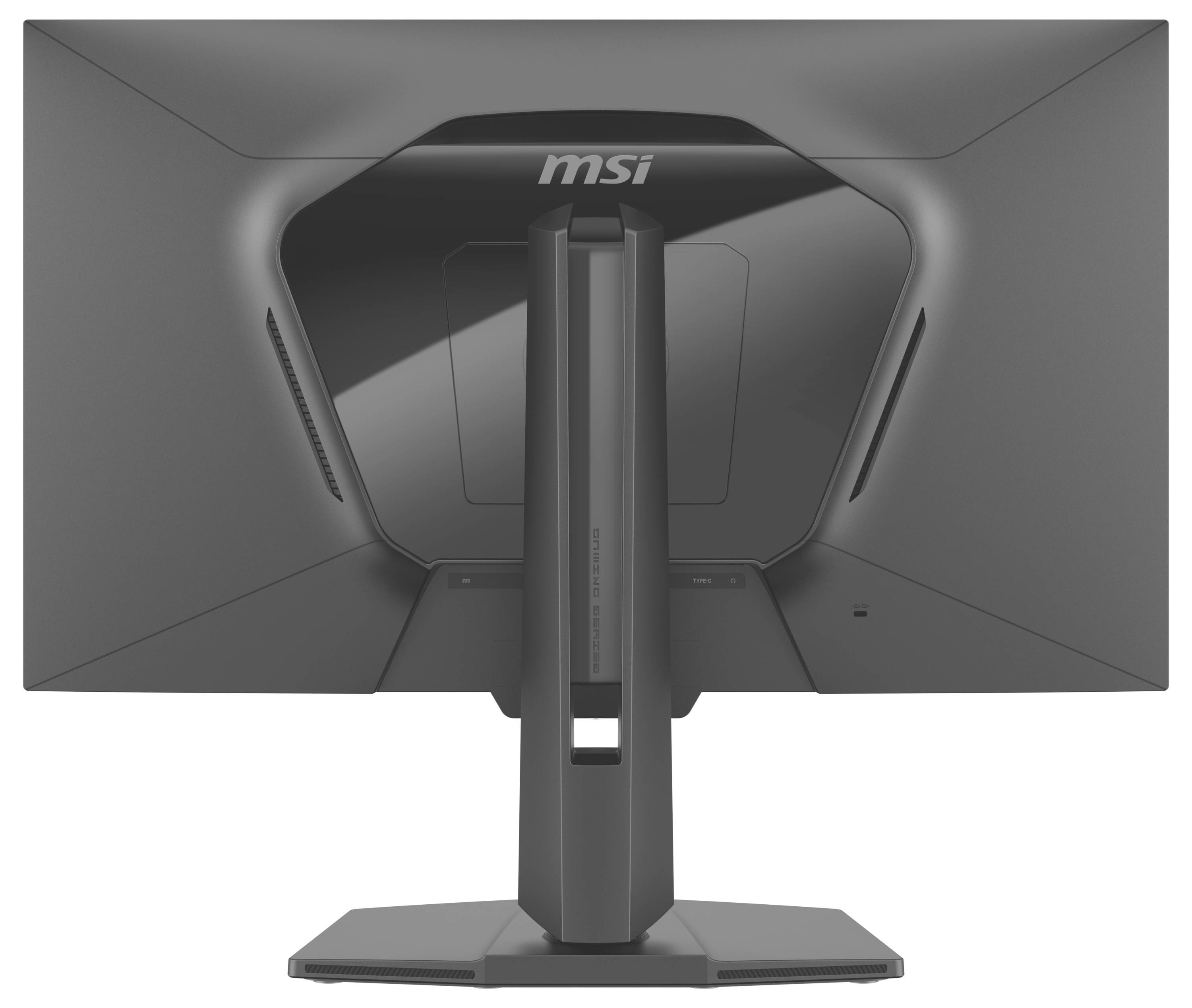 Zadní pohled na monitor s logem 'MSI' v horní části, který ukazuje jeho elegantní design a stabilní stojan.