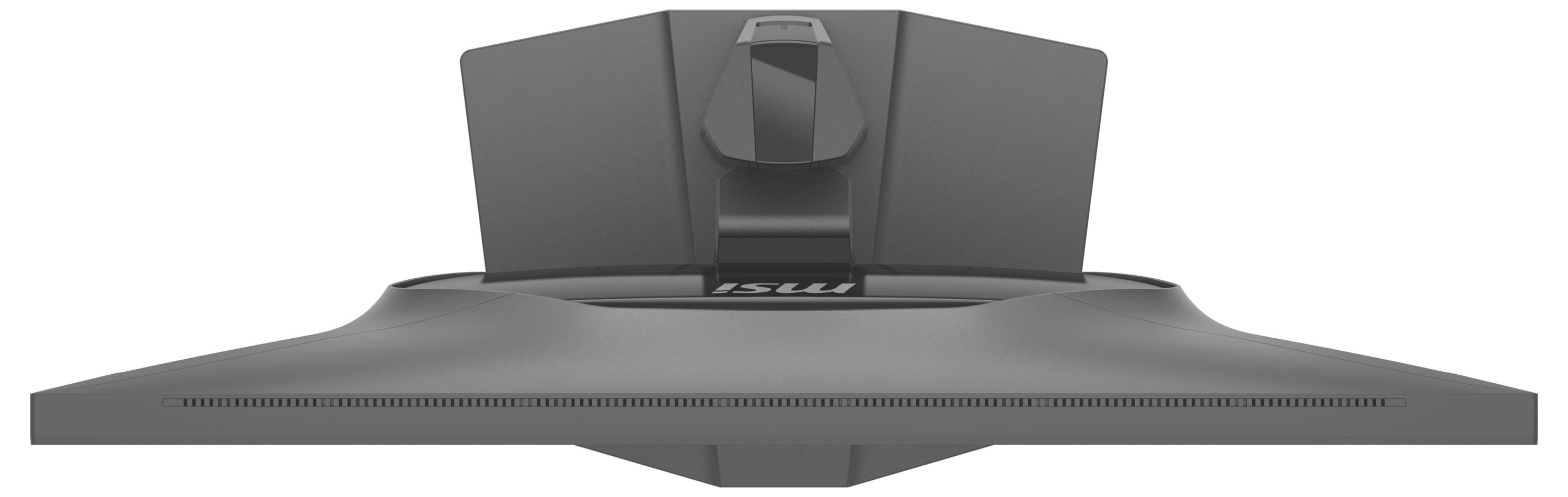 Detail zadní strany počítačového monitoru, zachycující stojan a designové prvky. Logo značky je viditelné poblíž středu.