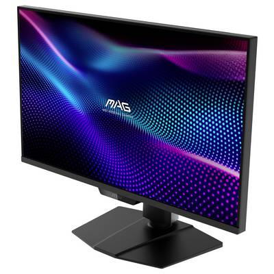 Elegantní černý monitor zobrazuje živý displej s modrými a růžovými vlnovitými vzory a slovem 'MAG' uprostřed.
