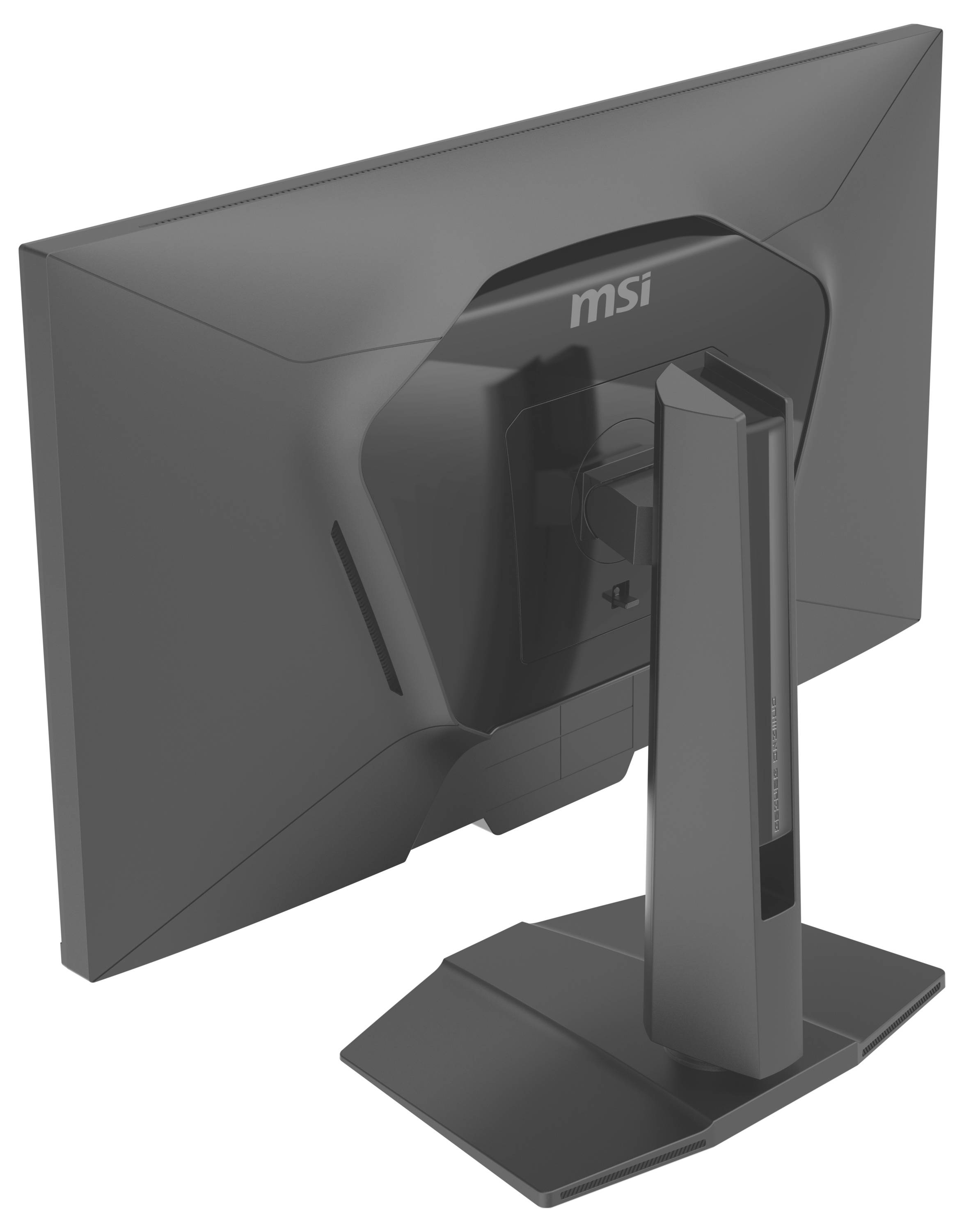 Počítačový monitor viděný zezadu, s elegantním, hranolovitým stojanem a názvem značky 'MSI' v horní části.