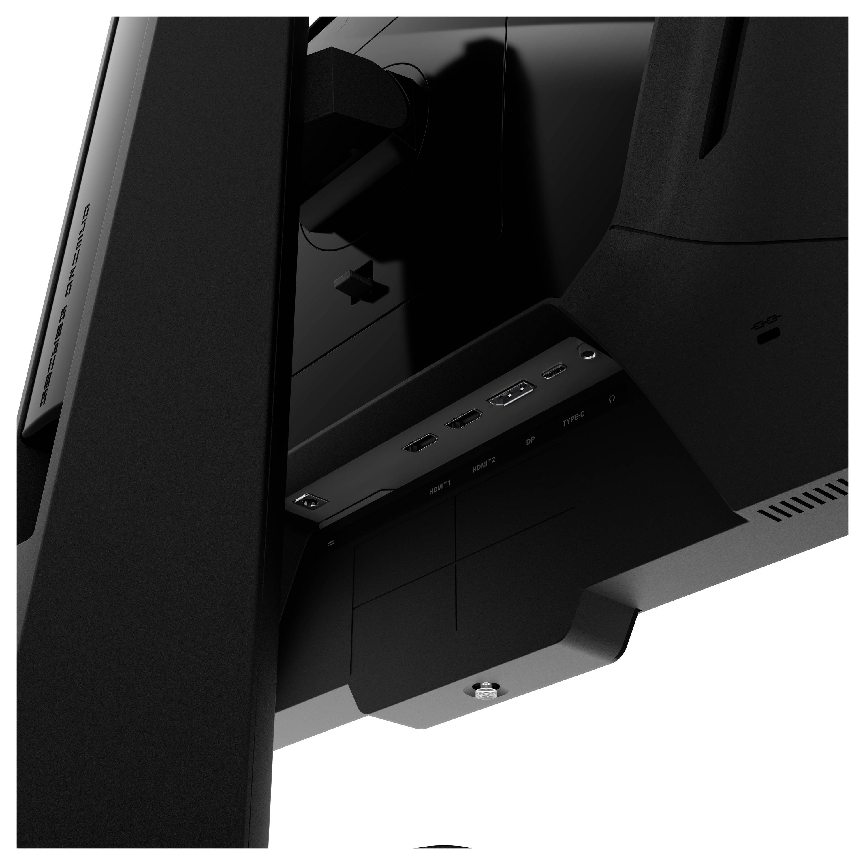 Detailní pohled na zadní stranu monitoru, který zobrazuje několik portů pro připojení včetně vstupů HDMI, USB a napájecích konektorů.