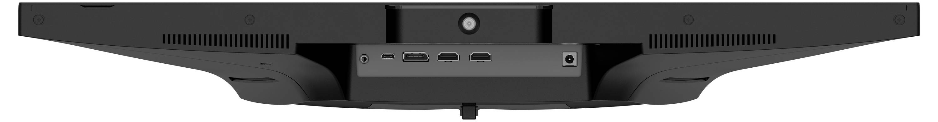 Spodní pohled na černý monitor zobrazující větrací mřížky, centrální tlačítko a připojení: USB, HDMI a napájecí vstup.