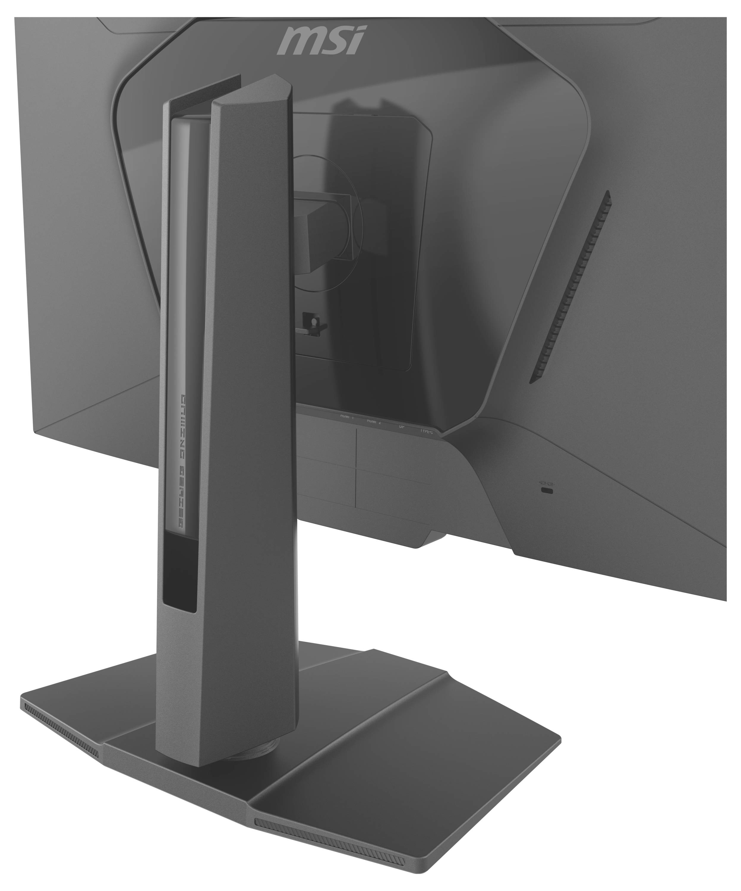 Zadní pohled na moderní počítačový monitor s elegantním, zakřiveným designem a ergonomickým stojanem. Logo a značka jsou viditelné na zadní straně.
