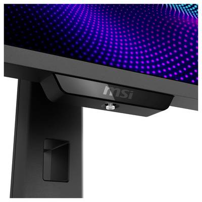 Detailní záběr spodního okraje monitoru MSI, zachycující okraj obrazovky zobrazující živý vzor modrých a fialových teček.