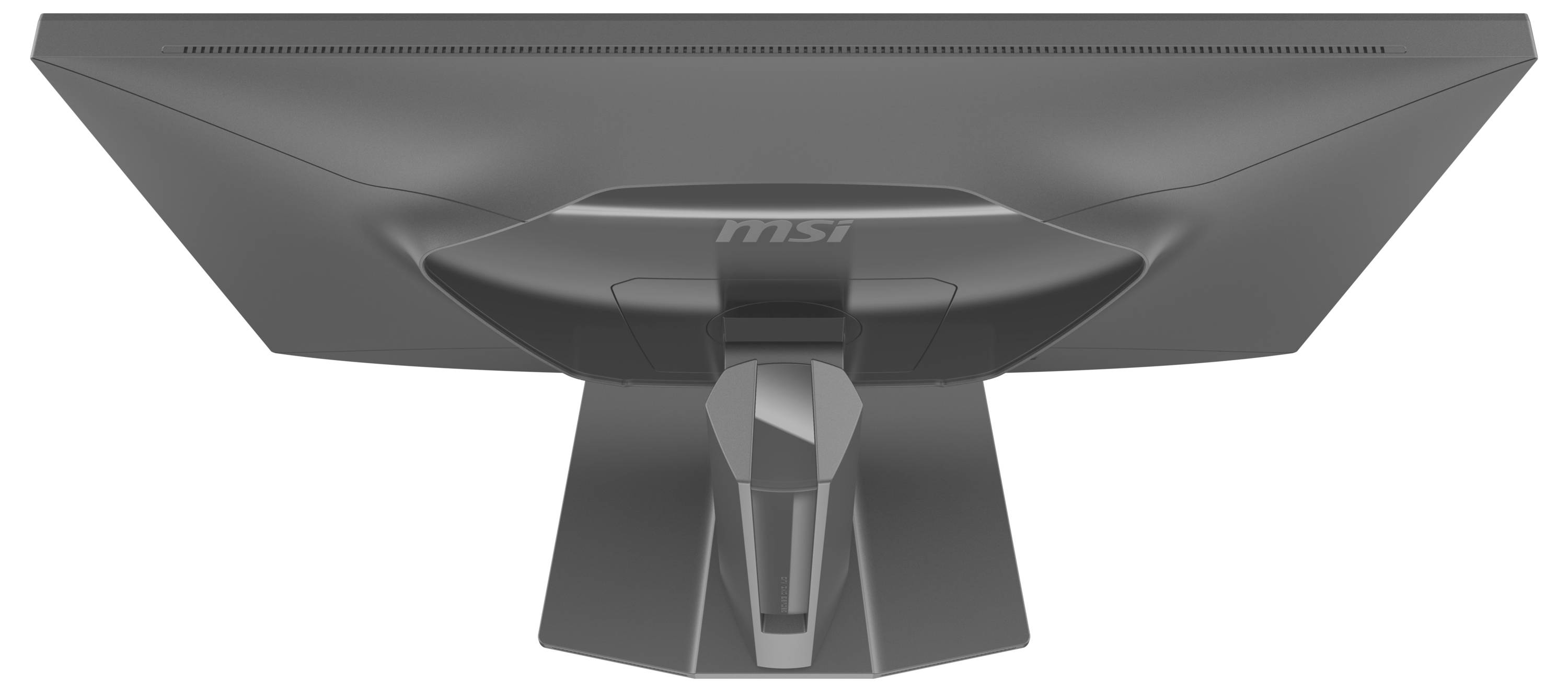 Pohled zezadu na černý počítačový monitor MSI s jeho zakřiveným designem a nastavitelným stojanem.