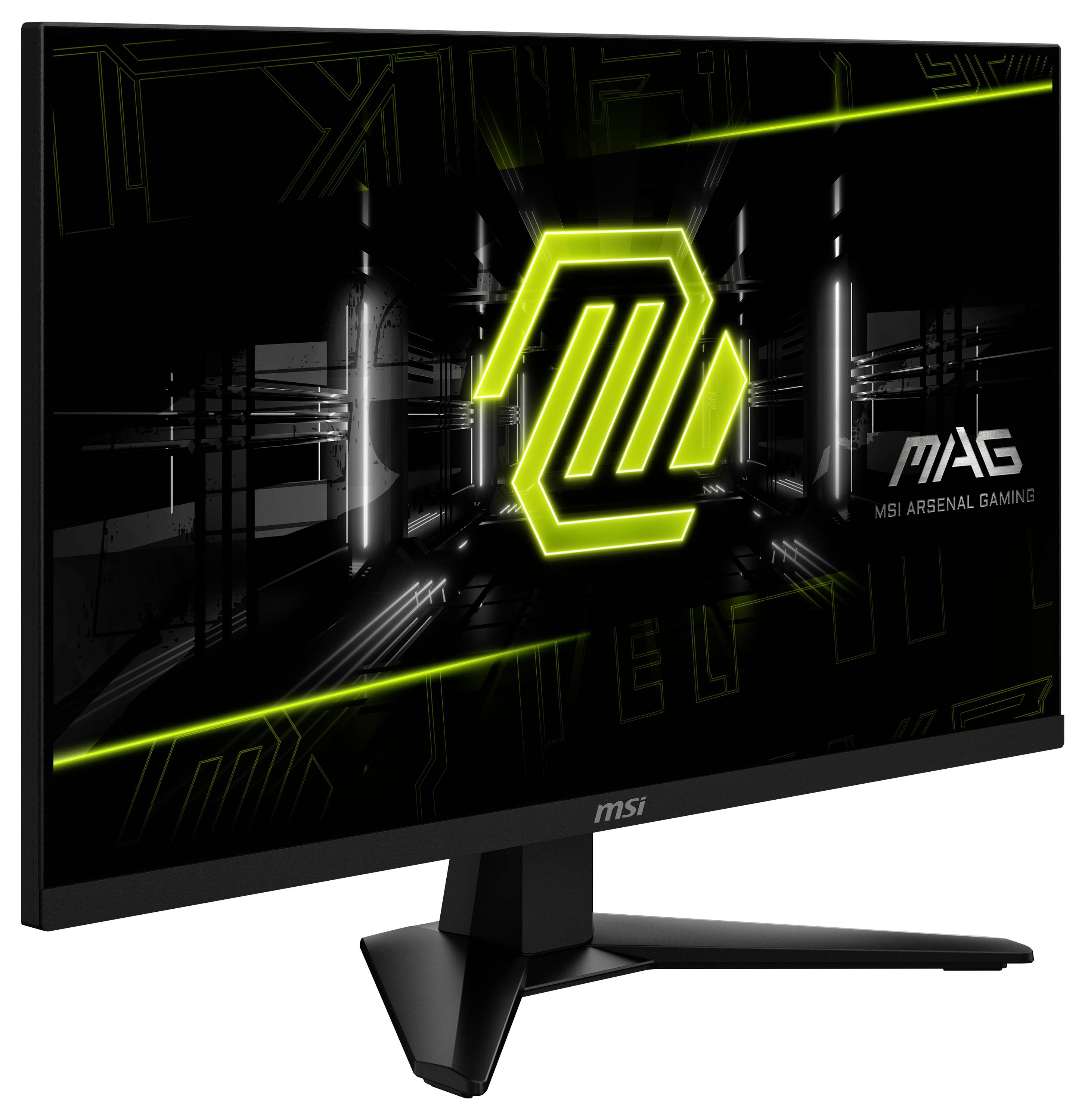 Černý herní monitor zobrazující futuristické neonové logo na obrazovce, s textem 'MSI Arsenal Gaming' viditelným v rohu.