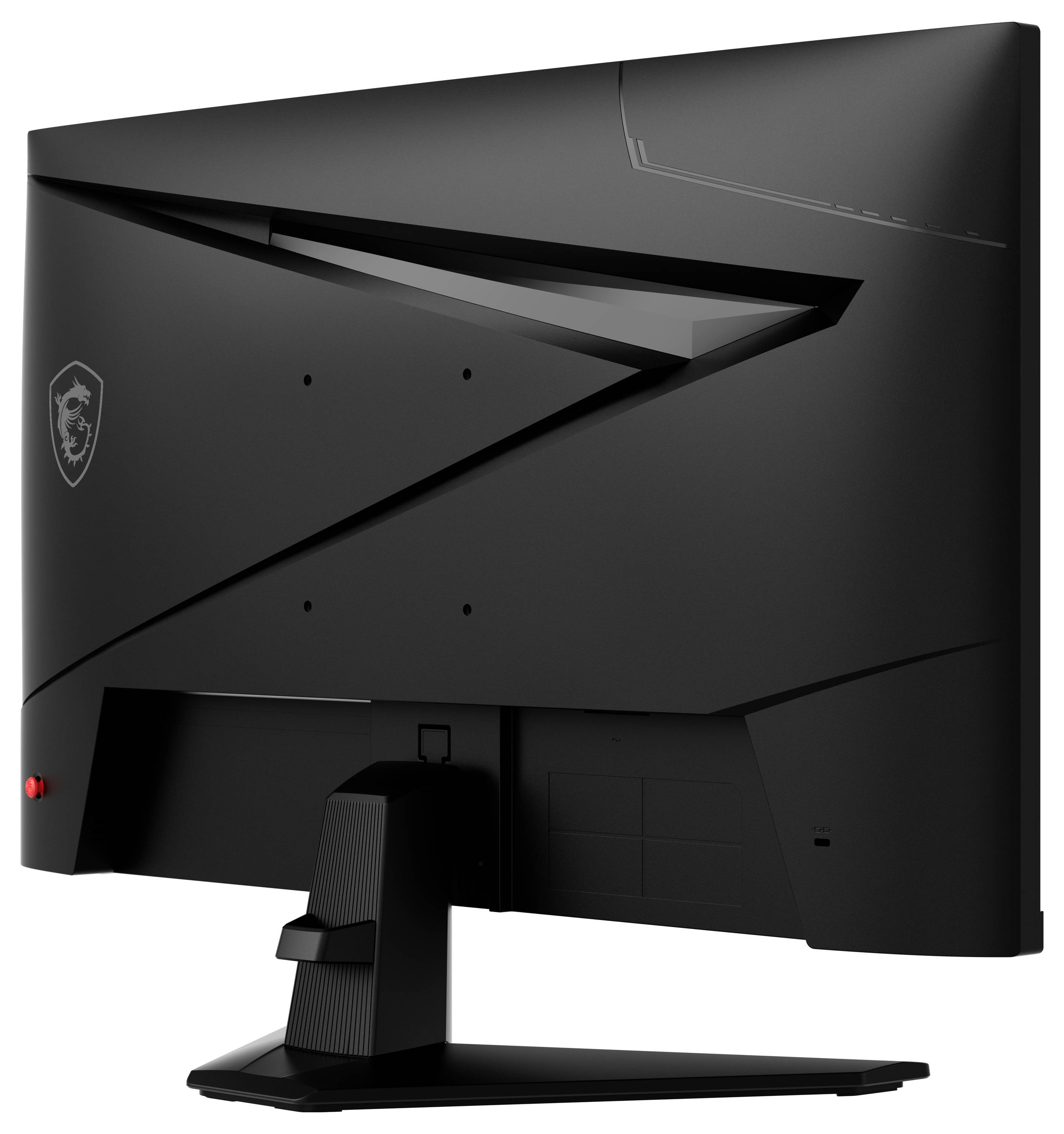 Obrázek ukazuje moderní, elegantní počítačový monitor z pohledu zezadu, s geometrickým designem a nastavitelným stojanem.