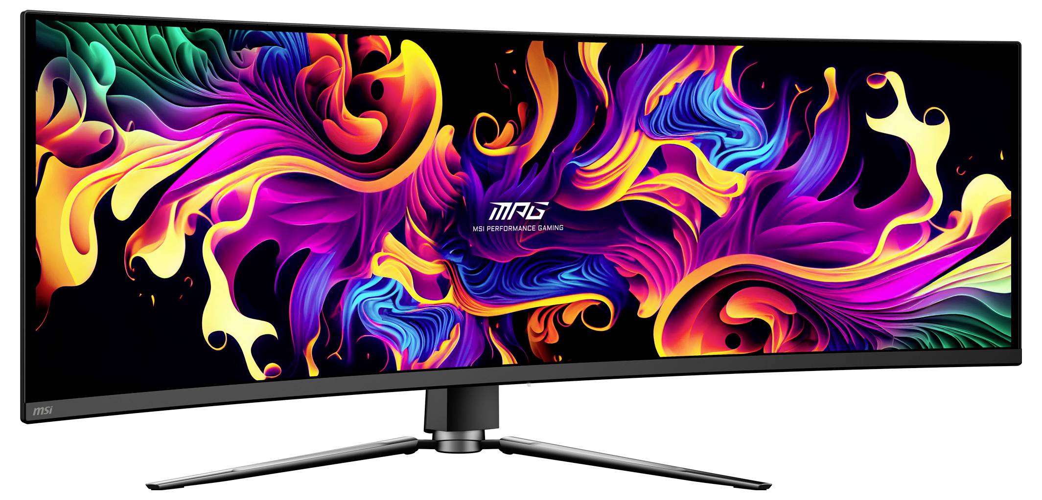 Široký, zakřivený herní monitor zobrazující živé, abstraktní, spirálovité barvy. Text uprostřed čte „MSI High Performance Gaming."