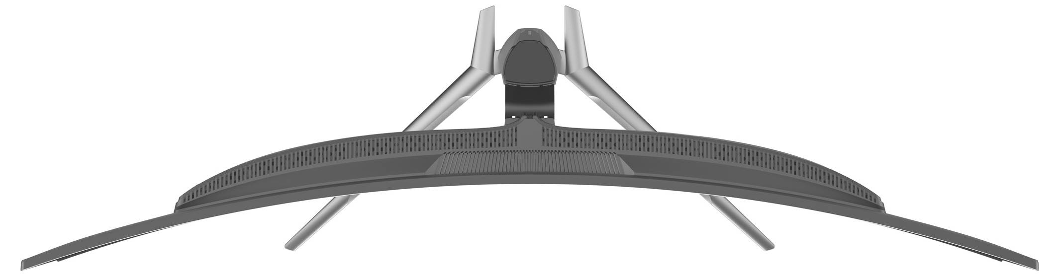 Elegantní, zakřivený monitor pohledem shora, ukazující jeho minimalistický design a robustní stojan, vhodný pro moderní počítačové sestavy.