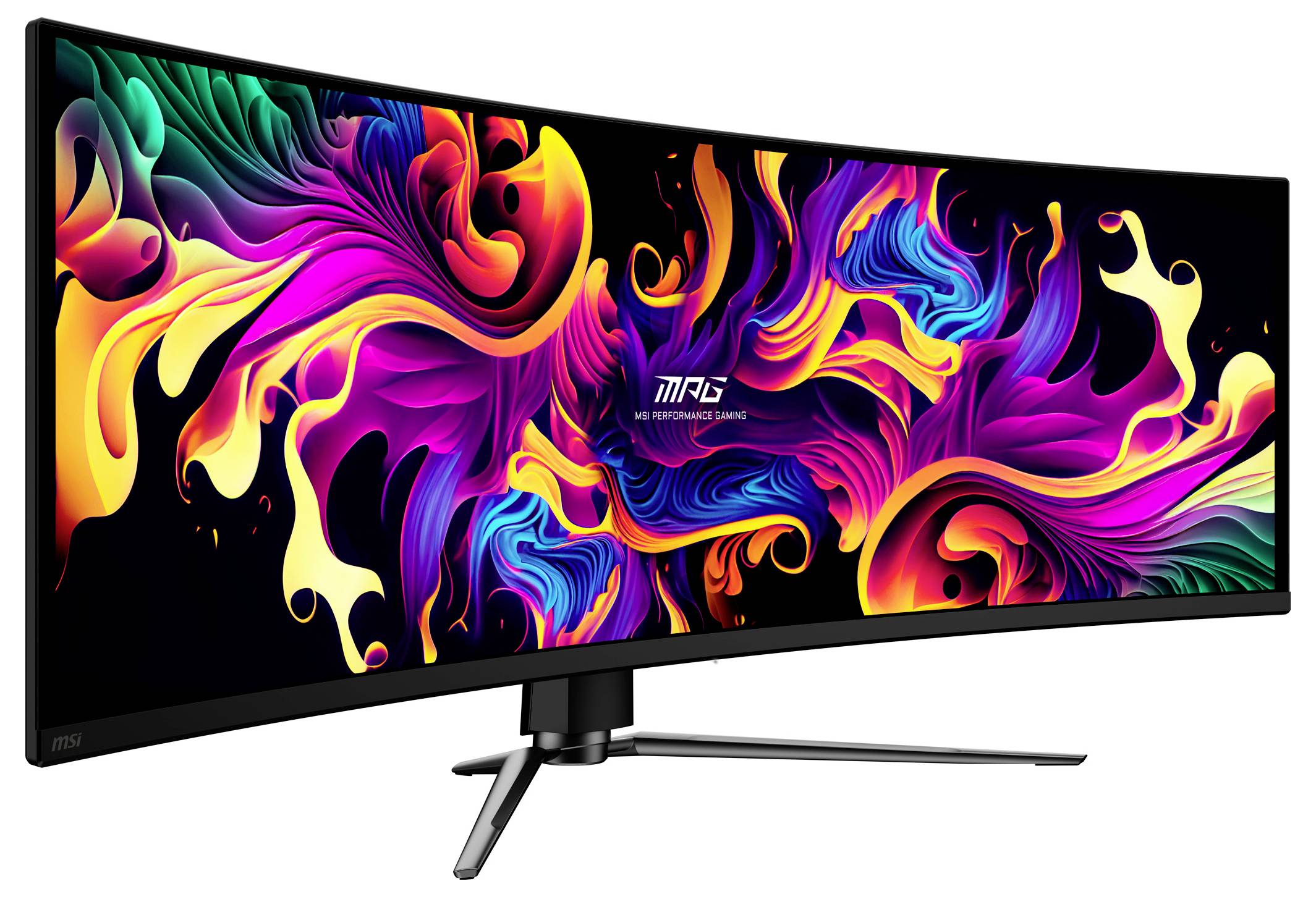 Široký, zahnutý monitor zobrazující živé abstraktní víry barev s logem uprostřed. Stojan je kovový s elegantním, moderním designem.