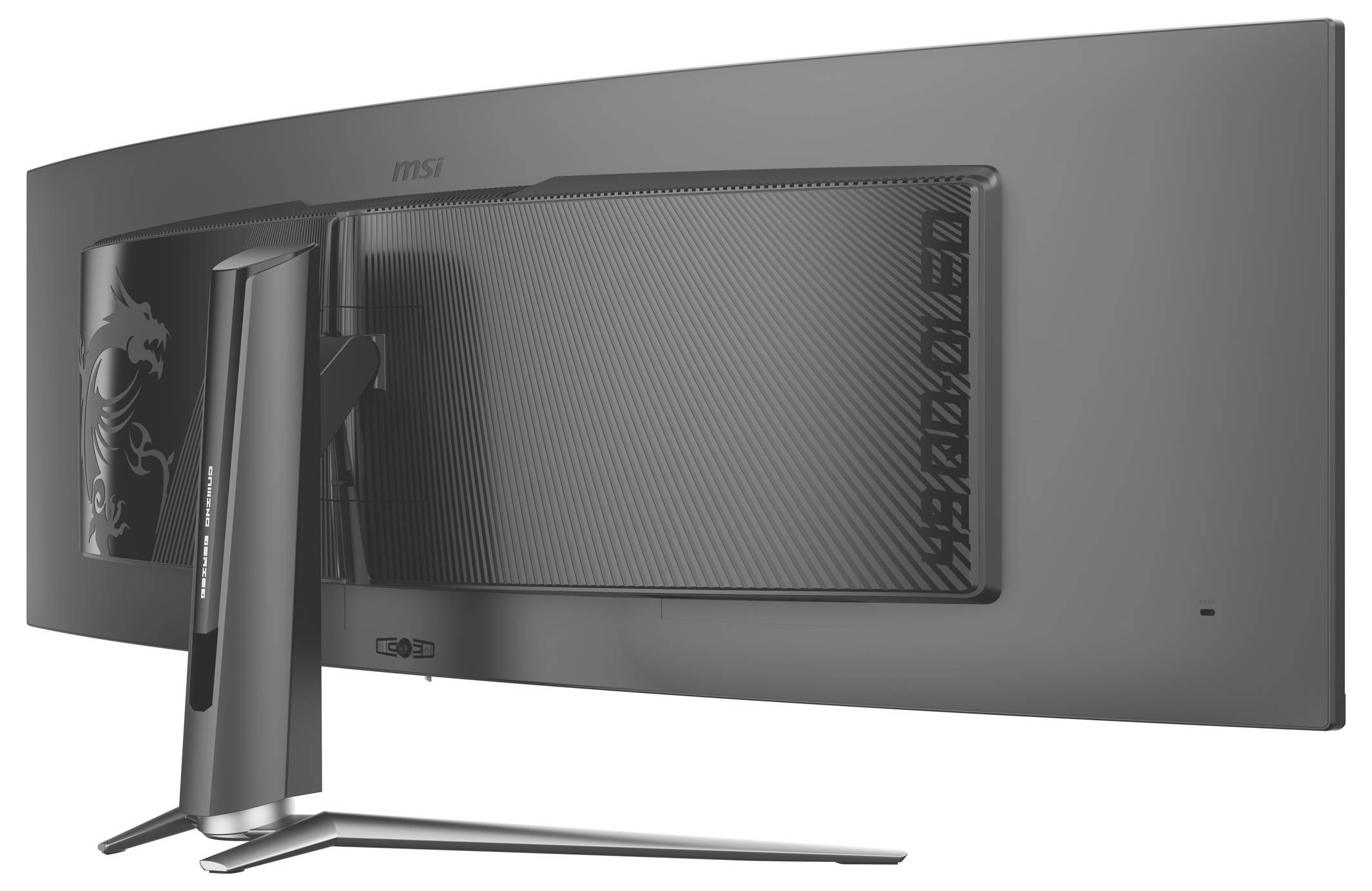 Elegantní, ultra-wide monitor MSI viděný zezadu, s esovitým zakřivením a nastavitelným stojanem, který naznačuje moderní technologii a styl.