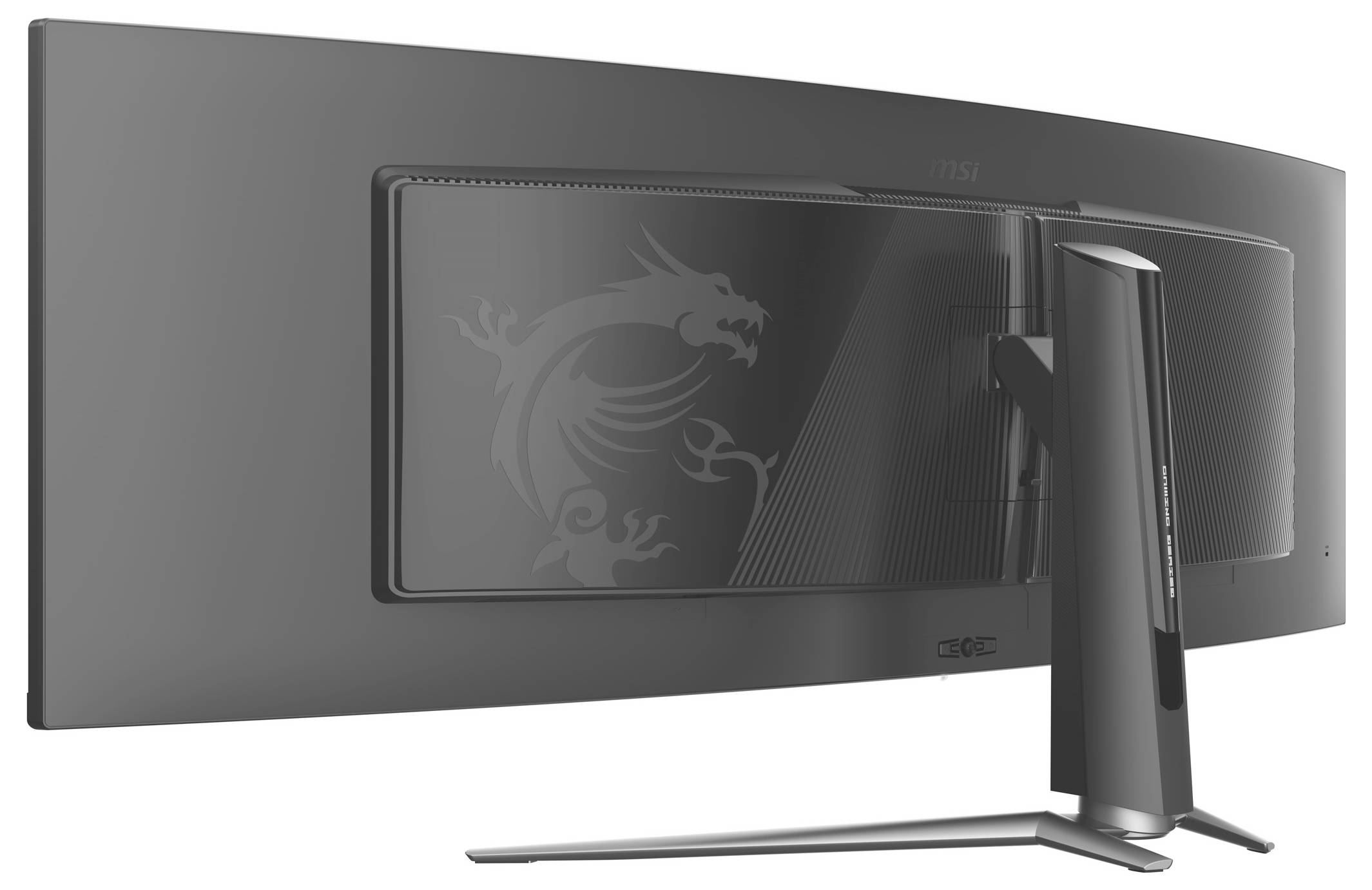 Zakřivený počítačový monitor pohledem zezadu, s designem draka a elegantním, moderním stojanem.