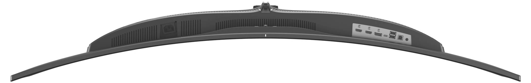 Pohled zezadu na zakřivený počítačový monitor zobrazující konektivní porty včetně připojení HDMI, USB a napájení.