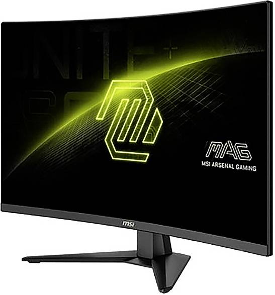 Zakřivený herní monitor na stojanu, tmavá obrazovka se zelenými grafickými prvky a textem 'MAG MSI Arsenal Gaming'; vhodný pro herní sestavy.