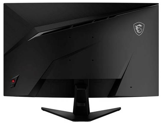 Černý počítačový monitor pohledový ze zadní strany, s charakteristickým úhlovitým designem a malým logem odznaku v horním pravém rohu.