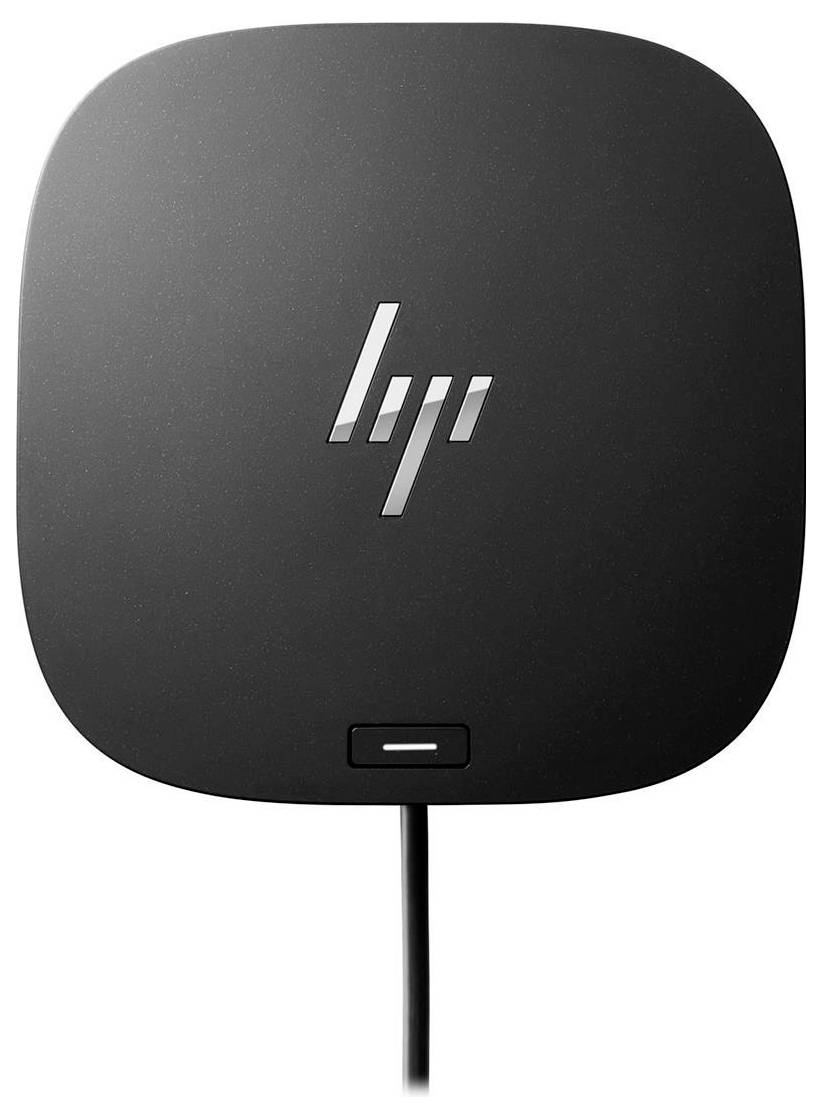 Černá bezdrátová nabíječka HP s logem HP, která disponuje jedním LED indikátorem v dolní části a připojovacím kabelem.