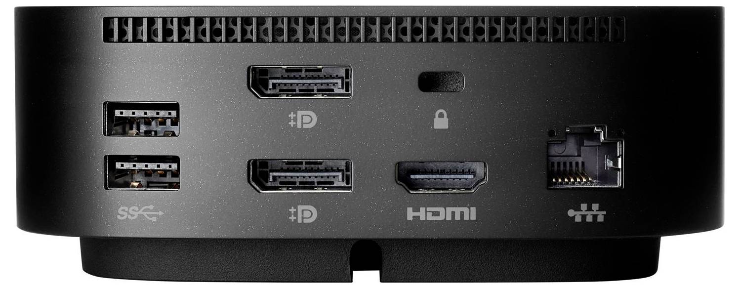 Černá počítačová dokovací stanice s několika porty, včetně HDMI, Ethernetu, USB a DisplayPortu, určená pro připojení různých zařízení.